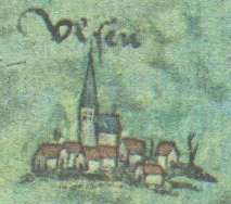 Alte Zeichnung von Uelsen (mit ursprünglichem Kirchturm)